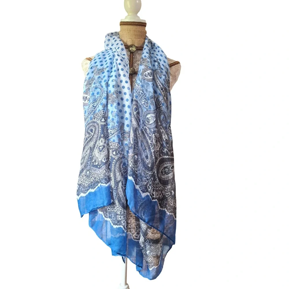 Blue Paisley Polka Dot Lightweight Scarf Shawl Wrap for Women